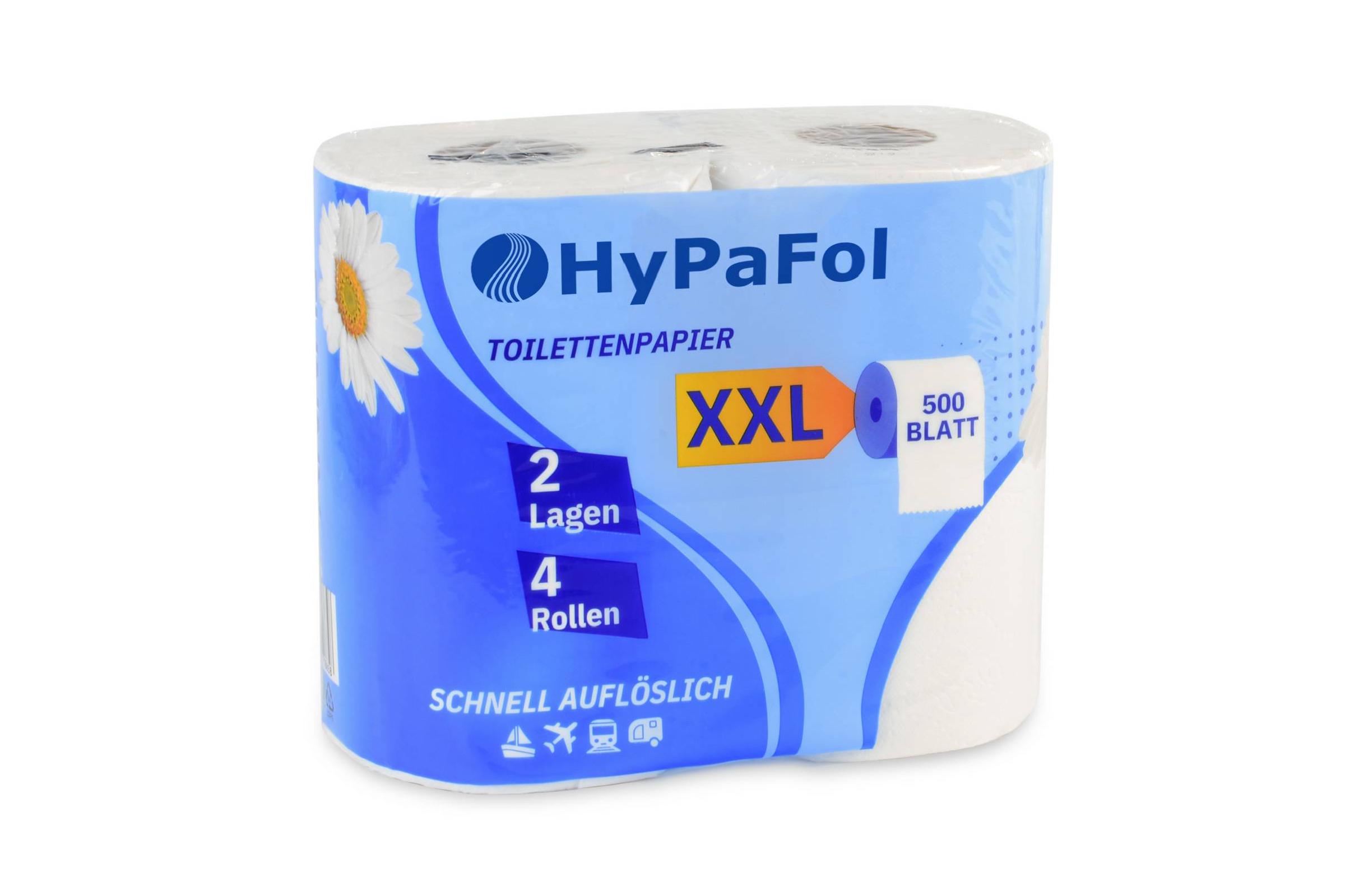 HY-500-44 Toilettenpapier 2-lagig, 500 Blatt, Zellstoff weiß, 10 x 4 Rollen, schnell auflösend, Lieferumfang: 1 Palette = 44 VE x 4 Rollen