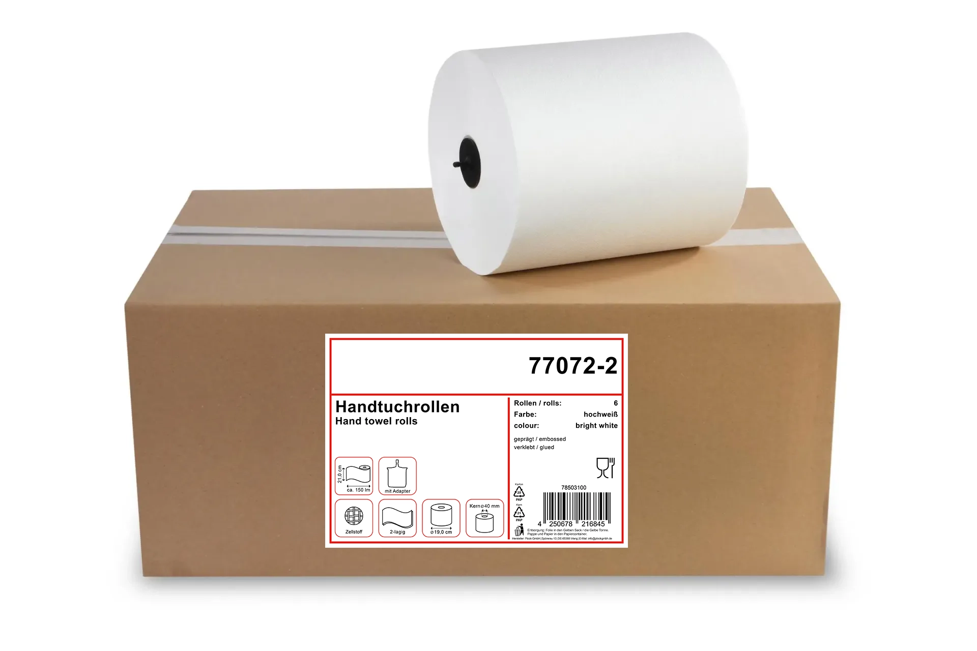 HY-77072-2 Handtuchrolle Autocut 21 cm, hochweiß, 2-lagig, Ø 19 cm, 6 Rollen / Karton, mit Adaptern