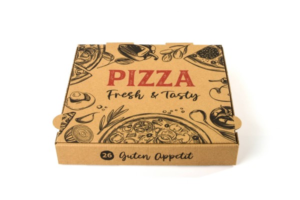 Hypafol Pizzakartons mit farbigem Aufdruck: schnell faltbare Kartons in den gängigen Pizza-Größen aus natur-brauner Wellpappe mit einem ansprechenden Design.