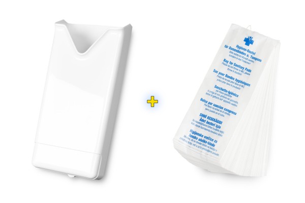 1 x weißer Hygienebeutelspender aus Kunststoff mit 10 x 100 Stück Damenhygienebeuteln aus Papier