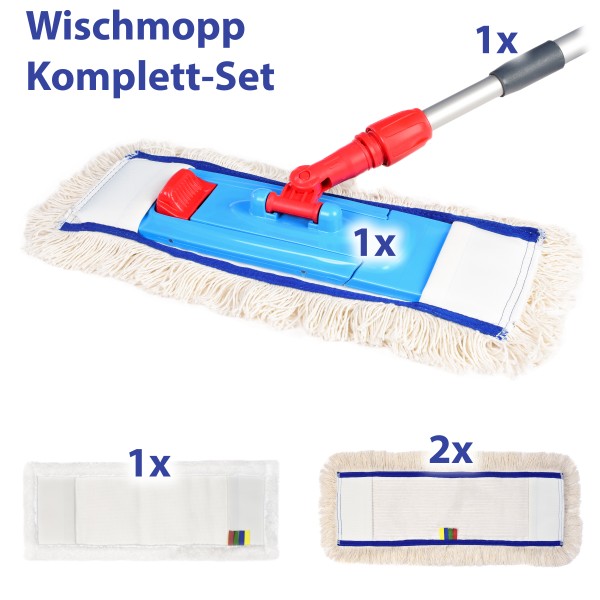Wischmopp-Set | 50 cm | 3 Möppe | Magnet-Mopphalter | Teleskopstiel