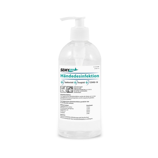 SemyCare Händedesinfektion 80 Vol% Ethanol mit BAuA Zulassung - 15 x 500 ml Pumpflasche