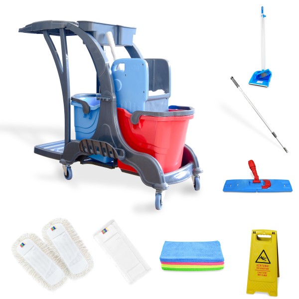 Reinigungswagen Set 50 cm | 2 farbige Eimer, Mopp-Presse, Utensilbehälter, Müllsackhalter & Zubehör