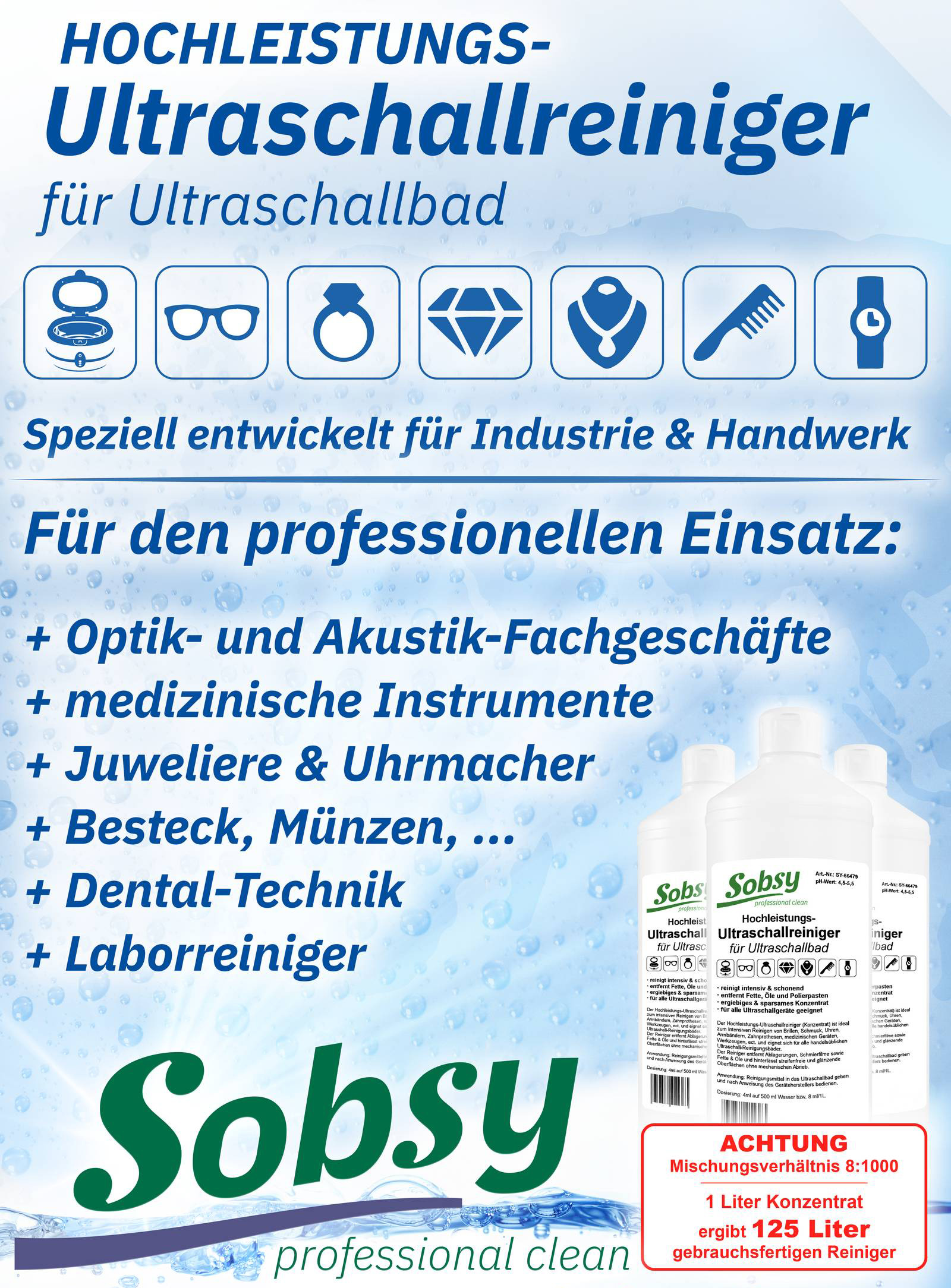 Sobsy Ultraschallreiniger 1l – Premium Reinigungsmittel für Schmuck, Uhren,  Brillen, Zahnprothesen