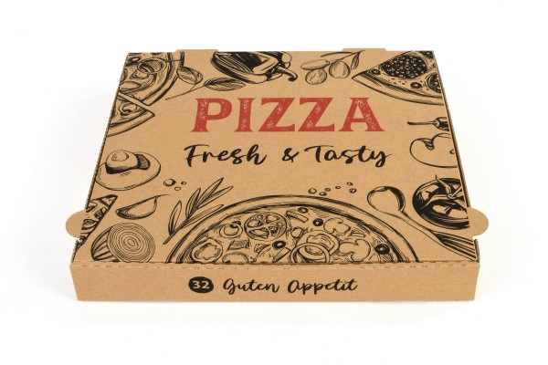 Hypafol Pizzakartons mit farbigem Aufdruck: schnell faltbare Kartons in den gängigen Pizza-Größen aus natur-brauner Wellpappe mit einem ansprechenden Design.