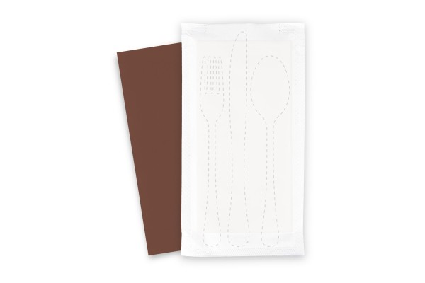 Bestecktaschen mit brauner Serviette, 1/8-Falz, 38 x 38 cm, 500 Stück