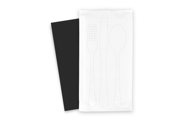 Bestecktaschen mit schwarzer Serviette, 1/8-Falz, 38 x 38 cm, 500 Stück
