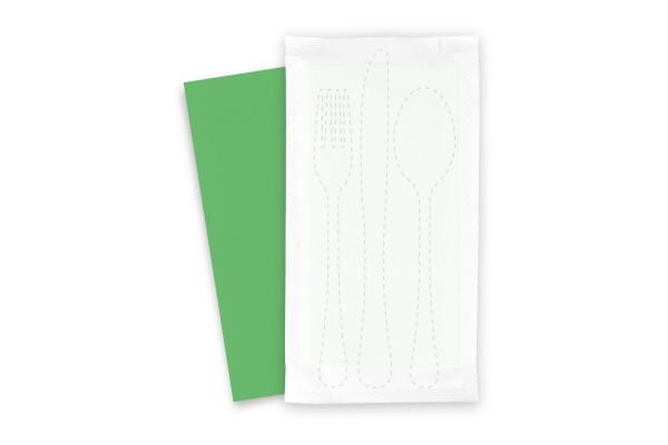 Bestecktaschen mit grüner Serviette, 1/8-Falz, 38 x 38 cm, 500 Stück