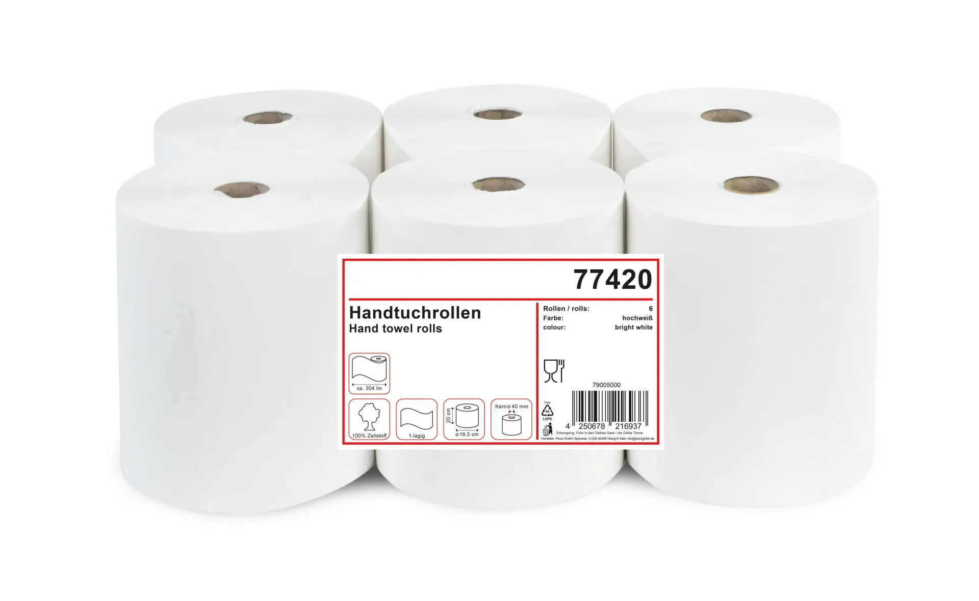 Hypafol HY-77420 Handtuchrolle 20 cm, 1-lagig, 304 m, Zellstoff weiß, Ø 19,5 cm, 6 Rollen