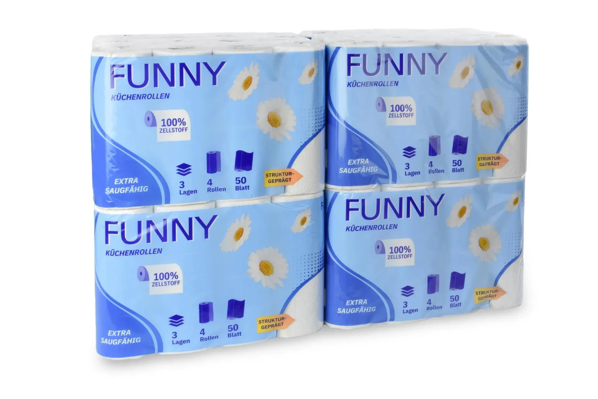 Funny Küchenrolle 3-lagig, 50 Blatt, Zellstoff hochweiß, 12 x 4 Rollen